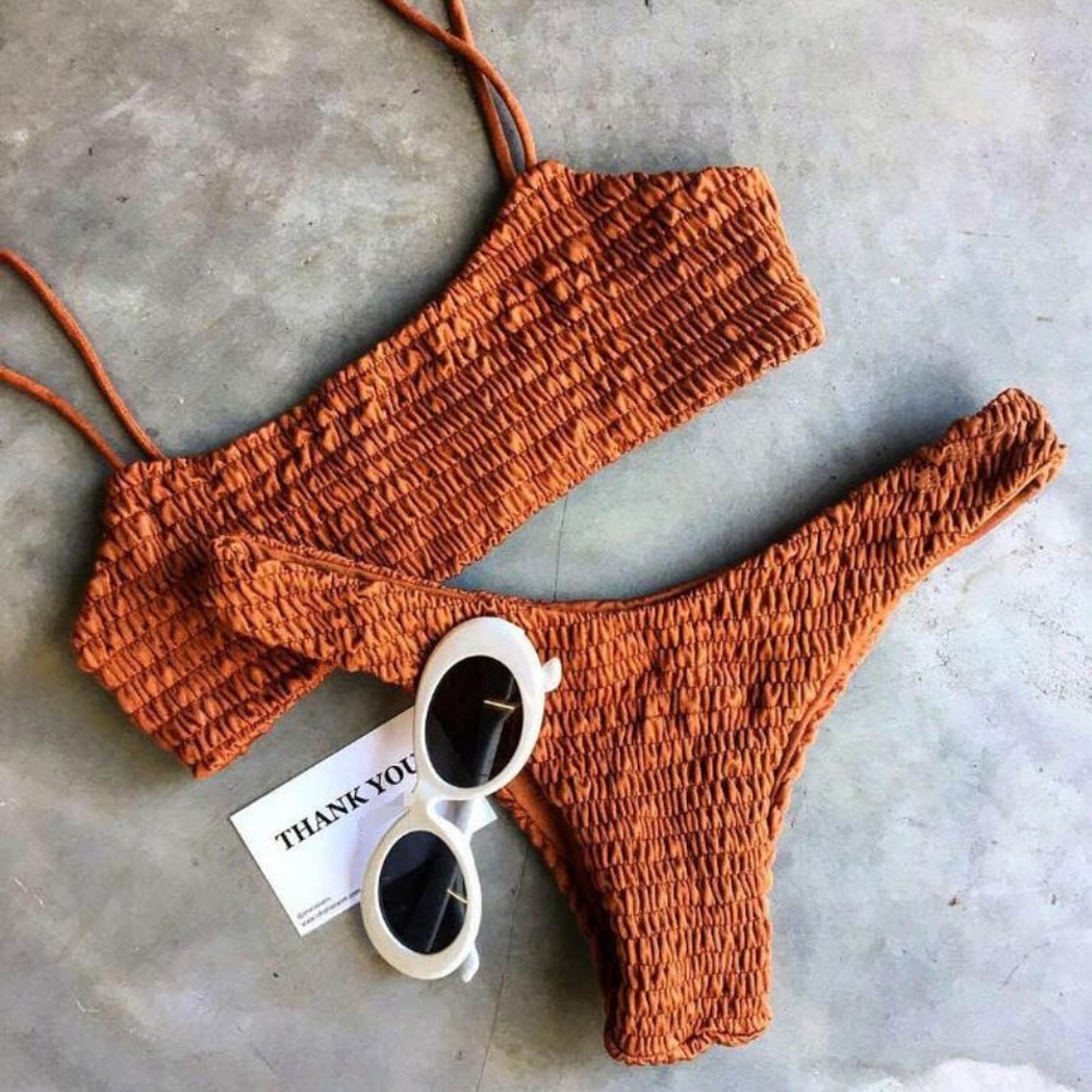NEW Trendy Orange Crinkle Ruched Bikini Swim suit - Picture 1 of 8